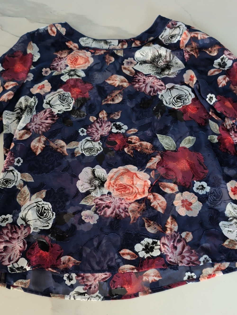 Lord & Taylor Navy Floral Chiffon Blouse